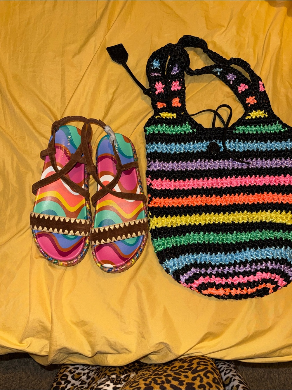 Kurt Geiger Rainbow Striped Wedge Sandals and Crochet Bag